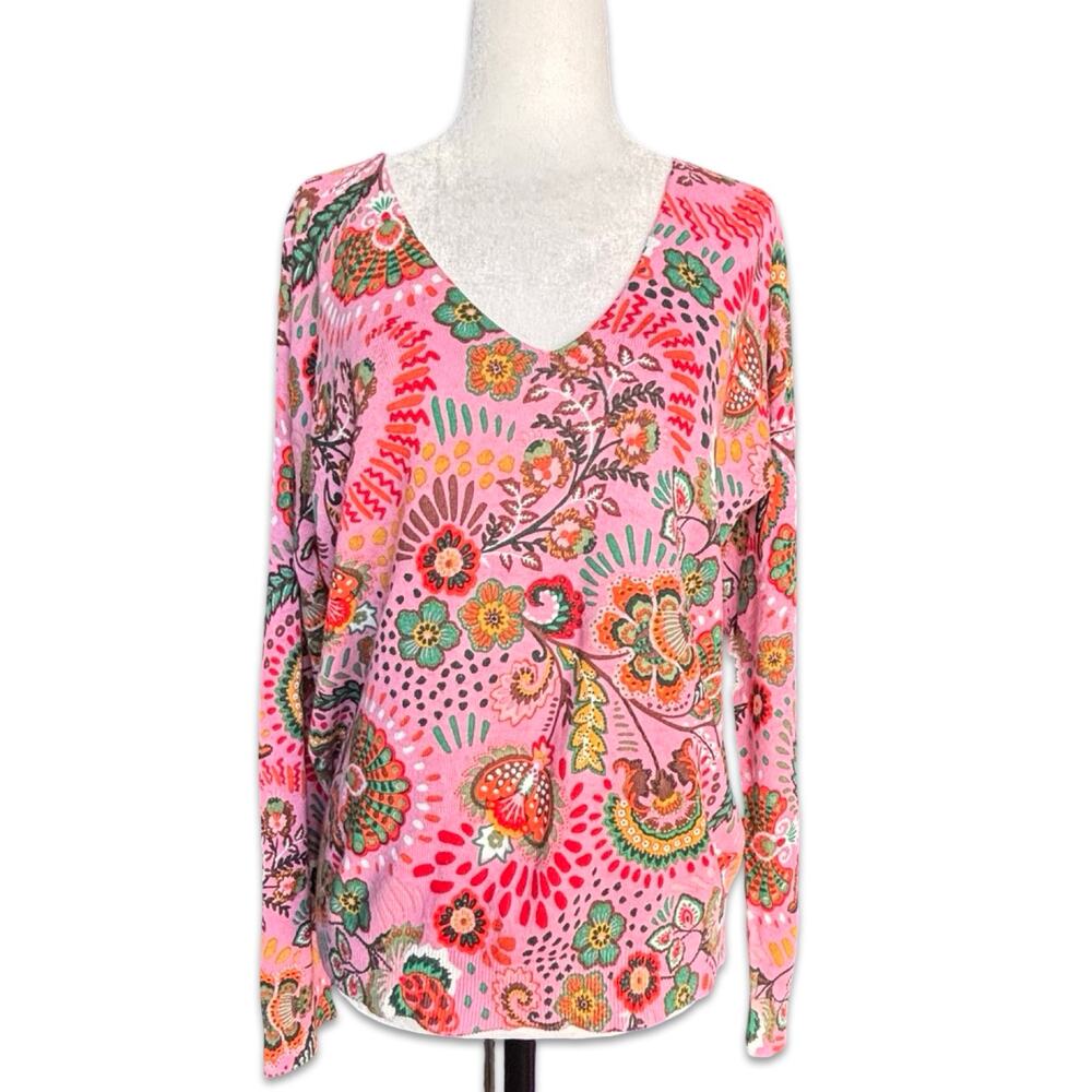 Boden Pink Floral Linen Blend V Neck Sweater Size 4 Boho Chic Lightweight Knit